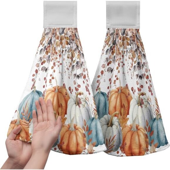 Fall Pumpkins Kitchen Hand Towels with Loop 2 Pcs‎ Autumn Leaves Pumpkin Hanging - Picture 1 of 8
